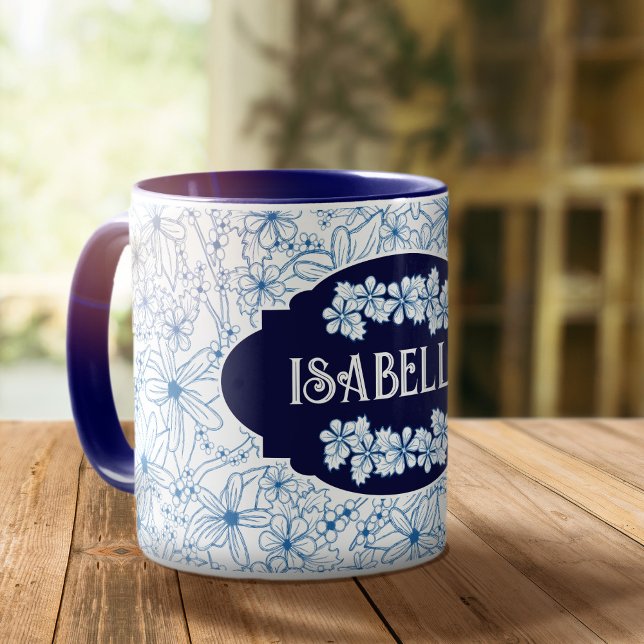 Mug Personalized Name Feminine Blue Floral Pattern (Feminine Blue Floral Patterned Mug–Create a Custom Mug with Your Name.)