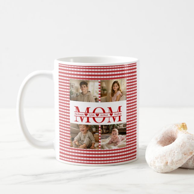 Mug Personalized Photo Collage Mom Heart & Kids Name (Avec donut)