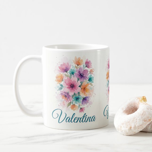 Mug Personalized Watercolor Floral Bouquet Name Coffee (Avec donut)