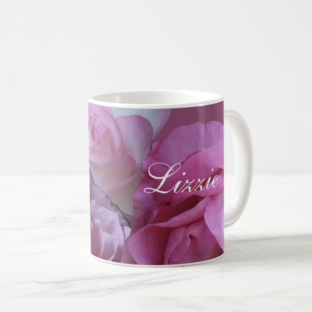 Mug Personnalisable Lizzie nom joli rose roses élégant (Devant droit)