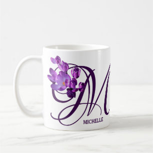 Mug Personnalisable Michelle nom fleurs violettes mono