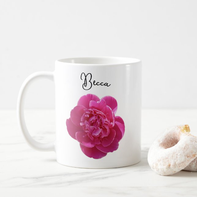 Mug personnalisé à fleur de pivoine rose vive (Avec donut)