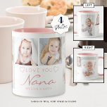 Mug PERSONNALISÉ AMOUR YOU NANA 4 Rose photo<br><div class="desc">Créez une tasse photo de keepsaké pour une grand-mère avec 4 photos et intitulé LOVE YOU NANA dans un script manuscrit moderne accentué avec le coeur avec le nom de son petit-enfant ou de ses petits-enfants ou votre message personnalisé. Tout le texte et toutes les couleurs peuvent être modifiés. Fait...</div>