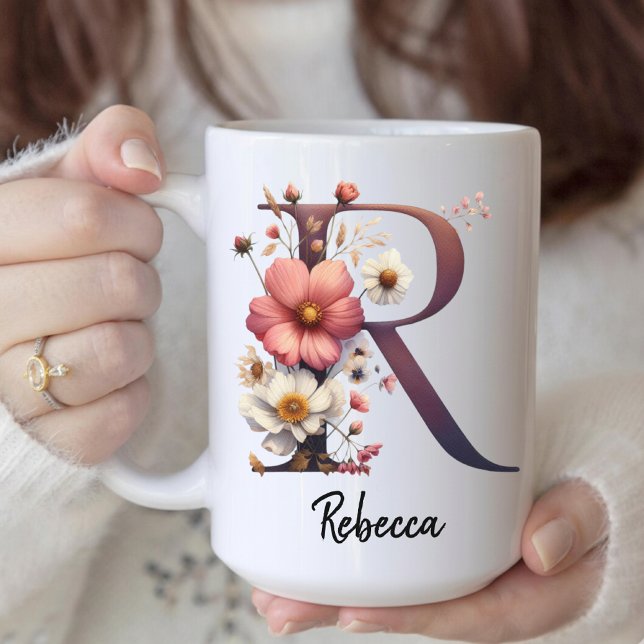 Mug personnalisé avec fleur de naissance, Mug mono (custom birth flower, flower initial mug, monogram gift for mom, monogram mug for her or student,)