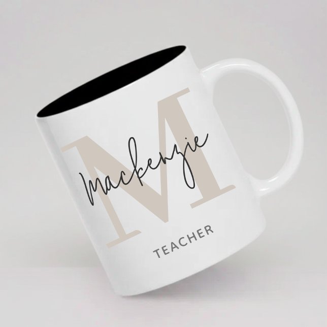 Mug Personnalisé avec Monogramme Cadeau de Remise  (Personalized Greige Monogram Mug Graduation Birthday Gift for Her, Him, Friends or Coworkers)