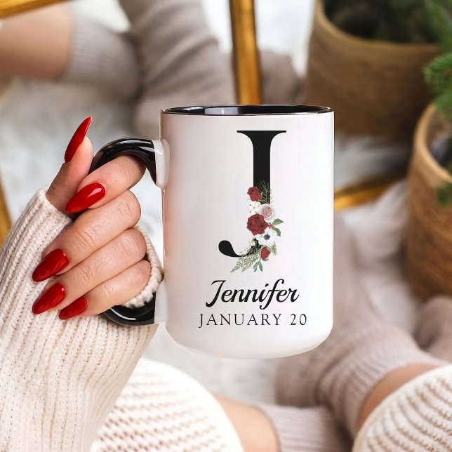 Mug personnalisé avec monogramme floral pour son a (Personalized Floral Alphabet Mug Gift for Mom, Teacher, Nurse, Doctor, Coworker, Boss or Bridesmaid)