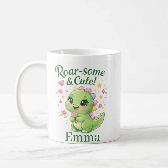 Mug personnalisé avec nom de dinosaure mignon (Gauche)
