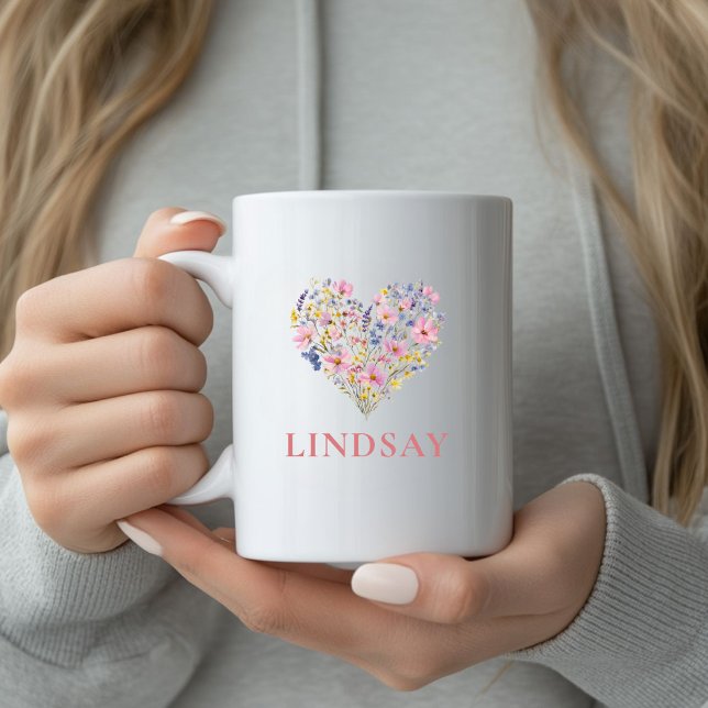 Mug Personnalisé avec Nom et Cœur de Fleurs Sauvag (Custom Wildflower Heart Name Mug
)