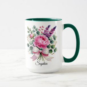 Mug Personnalisé avec Nom et Fleurs de Pivoine Cad