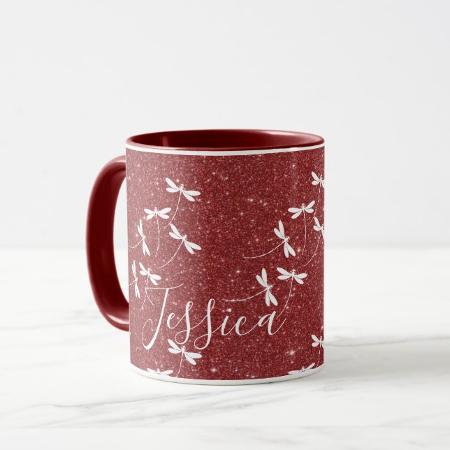 Mug personnalisé avec paillettes et libellules (Devant gauche)