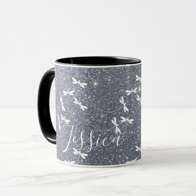 Mug personnalisé avec paillettes et libellules (Devant gauche)