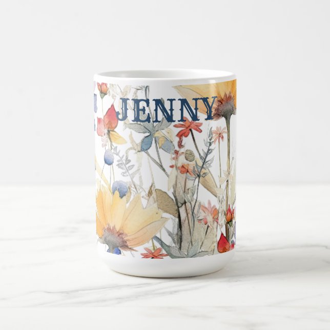 Mug personnalisé bleu doré fleurs sauvages bohème (Centre)