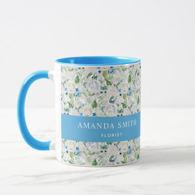 Mug Personnalisé bleu & rose blanche Élégant fleuriste (Gauche)