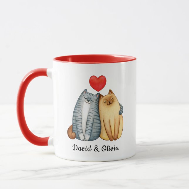 Mug Personnalisé Chats Couple Noms Rouge Personnalisé (Gauche)
