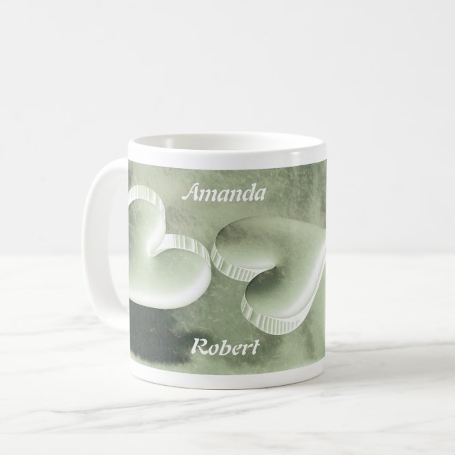 Mug Personnalisé deux coeurs vert argent avec les noms (Devant gauche)