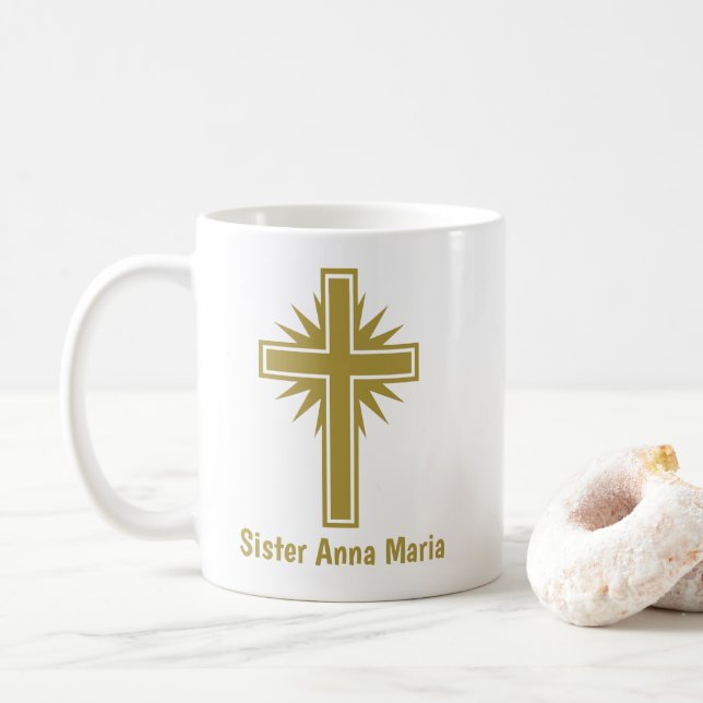Mug personnalisé Enseignant Religieux Croix Dorée (Avec donut)