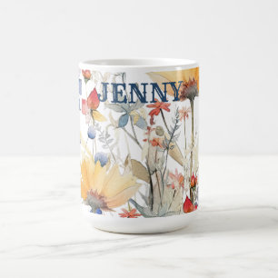 Mug personnalisé fleurs sauvages bohème bleu or