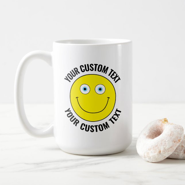 Mug Personnalisé Happy Face JAUNE, YELLOW, Yeux Bleus (Avec donut)