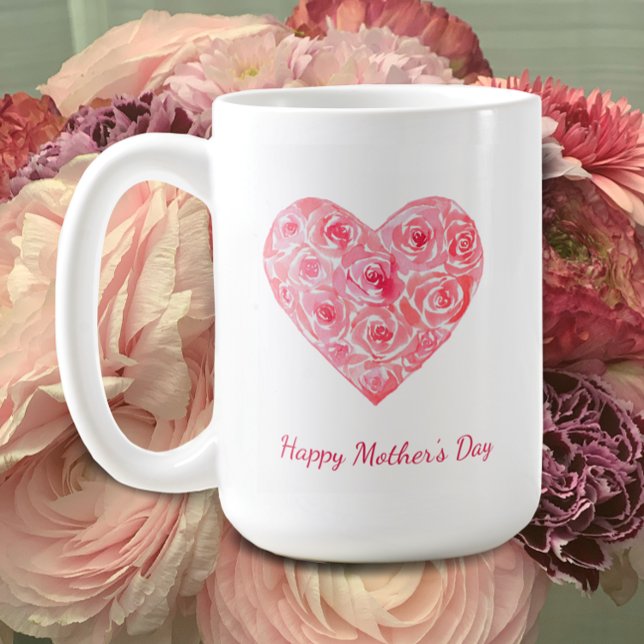 Mug Personnalisé Happy Mother's Day Watercolor Roses (Custom Mother’s Day gift mug. Add your names and personalize this original watercolor rose heart mug)