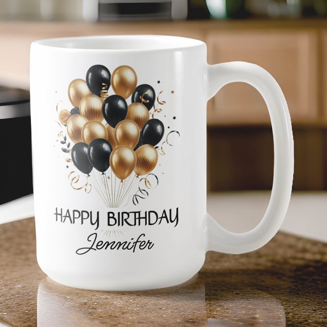 Mug Personnalisé Joyeux Anniversaire Mug, cadeau pour  (happy birthday mug, black and gold balloons mug, custom name mug, personalized birthday gift,)