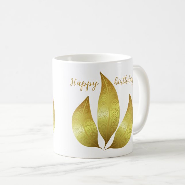 Mug Personnalisé Joyeux anniversaire or ornements feui (Devant droit)