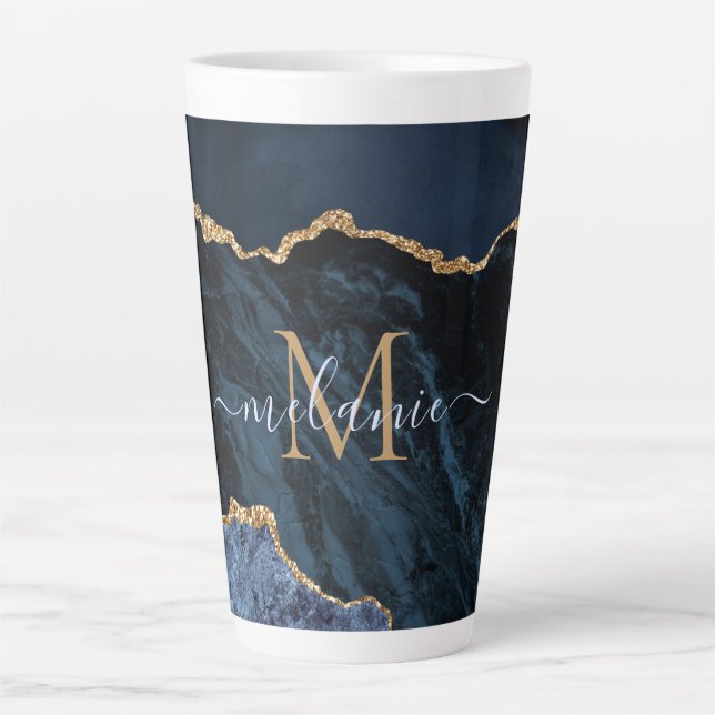 Mug personnalisé lettre nom Blue Gold Glitter Latt (Devant)