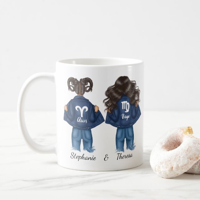 Mug Personnalisé Meilleurs Amis Aries Virgo Girl Jean (Avec donut)