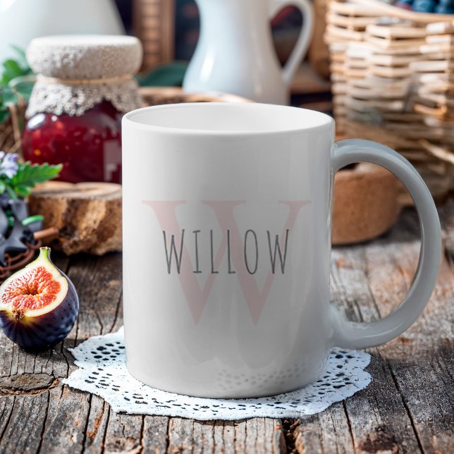 Mug Personnalisé Moderne Simple Pink Monogram (This mug has a subtle monogram that is light in color with your name in a darker color.)