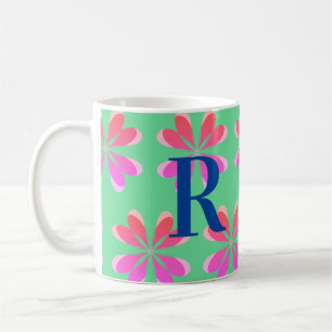 Mug Personnalisé Monogramme rétro vert floral rose