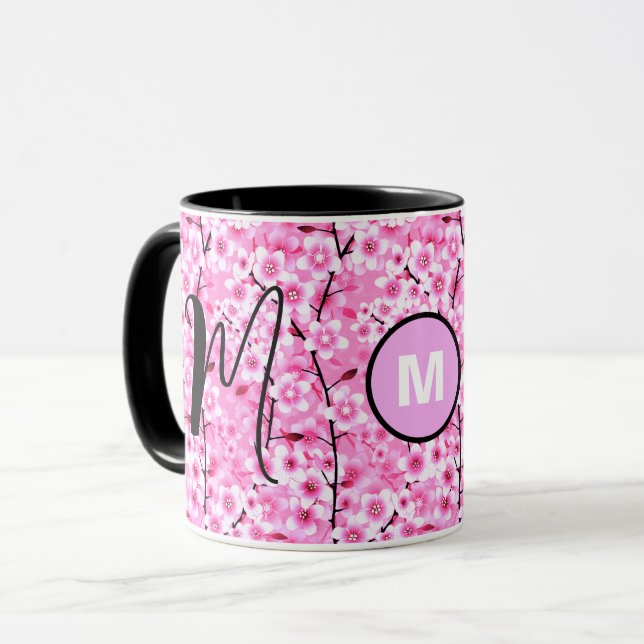 Mug personnalisé | Mug à monogramme floral rose av (Devant gauche)