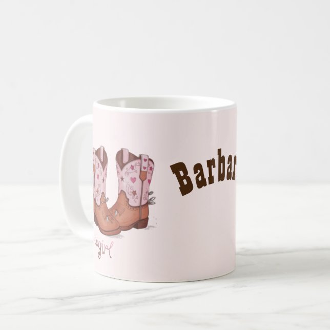 Mug Personnalisé Nom tendance Cute CowGirl Bottes rose (Devant gauche)