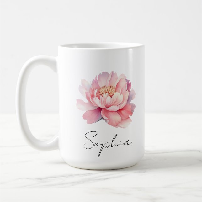 Mug personnalisé Pivoine Aquarelle Rose  (Gauche)