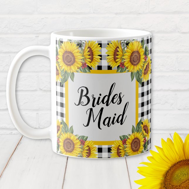 Mug personnalisé pour demoiselle d'honneur Gingham (Bridesmaid personalized Sunflowers and Gingham Bridal Shower Gift Mug)