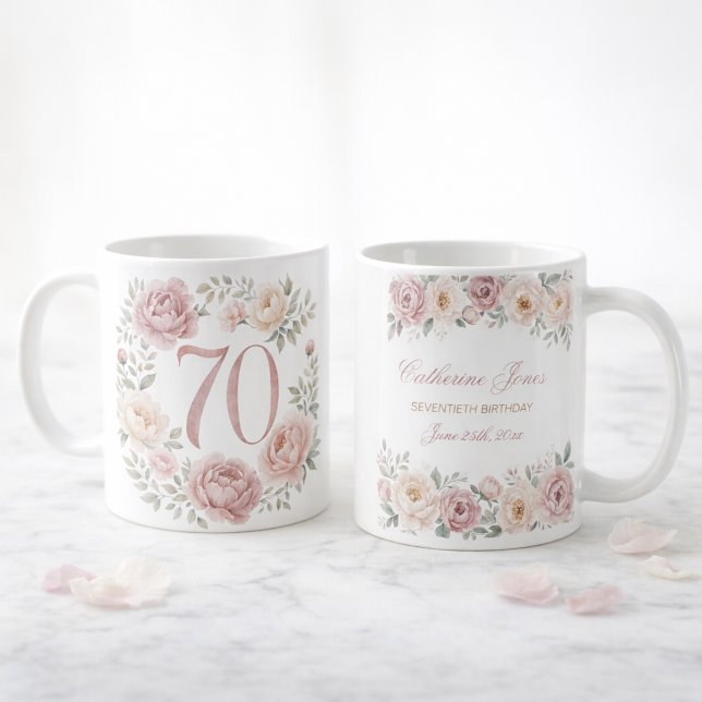 Mug Personnalisé pour les 70 Ans avec Peintures à  (Watercolor Peonies 70th Birthday Personalized Mug)