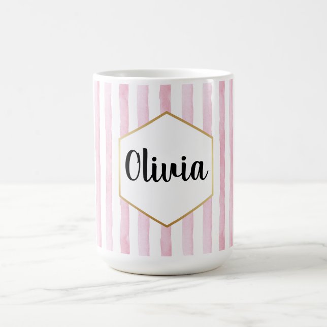 Mug Personnalisé rose et blanc rayé (Centre)