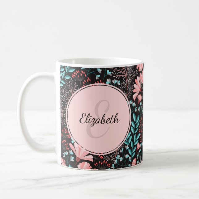 Mug Personnalisé rose et Turquoise floral foncé (Gauche)