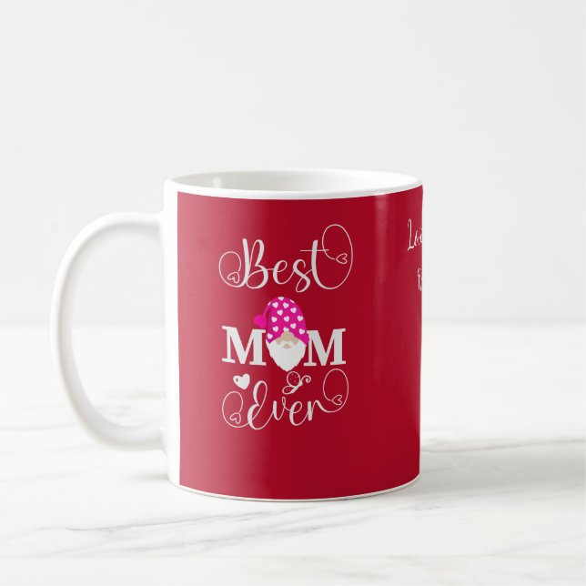 Mug Personnalisé Rouge Rose Blanc Gnome Meilleure Mama (Gauche)