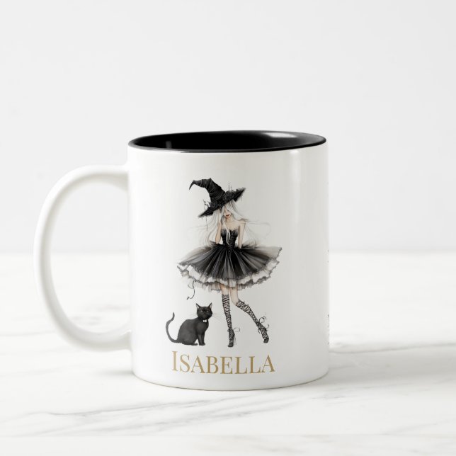Mug Personnalisé Sorcière & Chat Noir avec un Nœud (Gauche)