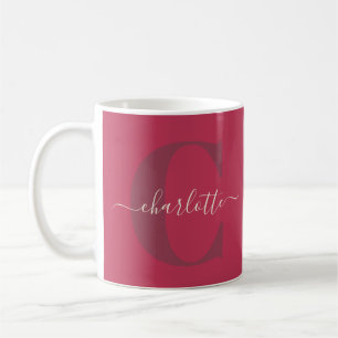 Mug Personnalisé Style Monogramme Nom Magenta Rouge