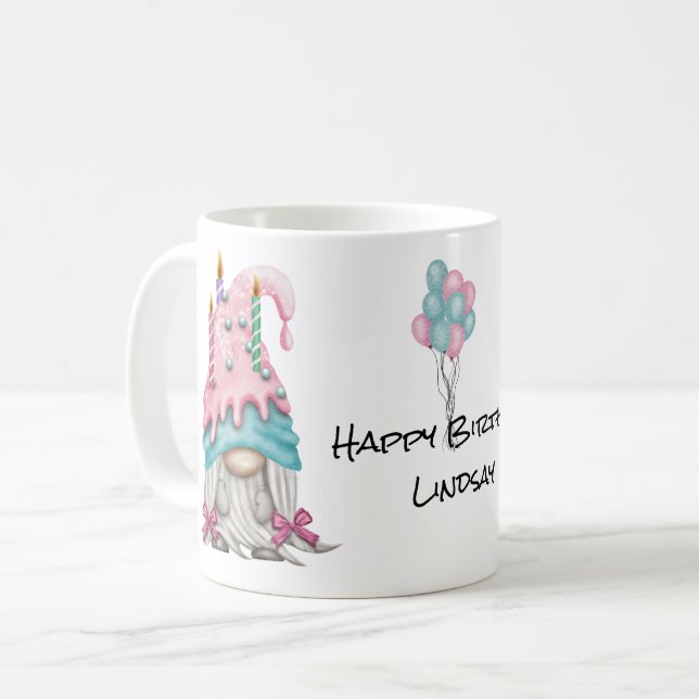Mug Personnaliser fille Gnome rose bleu bougie d'anniv (Devant gauche)