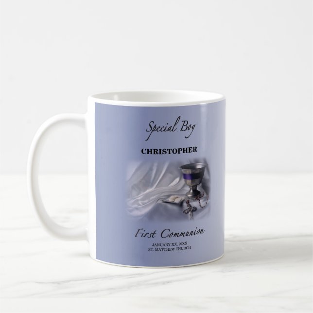 Mug Personnaliser, Garçon, Première communion bleue (Gauche)