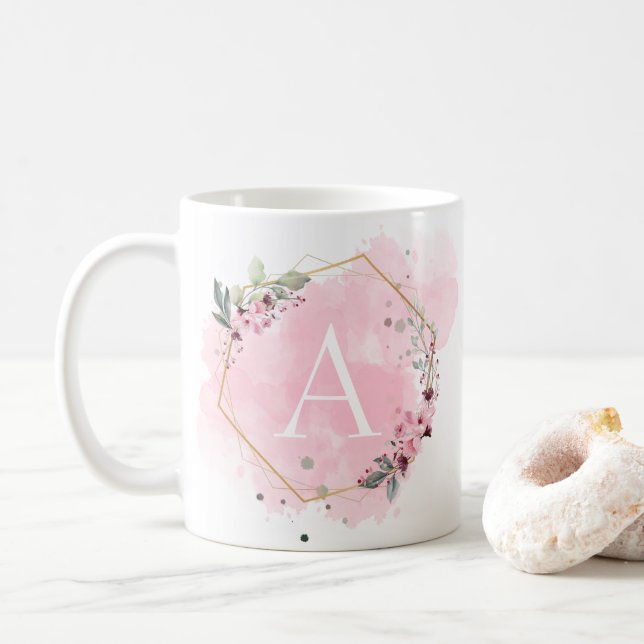 Mug Personnaliser l'aquarelle Floral Cadre Blanc Initi (Avec donut)