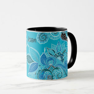 Mug Personnaliser le nom Boho bleu Paisley noir intéri