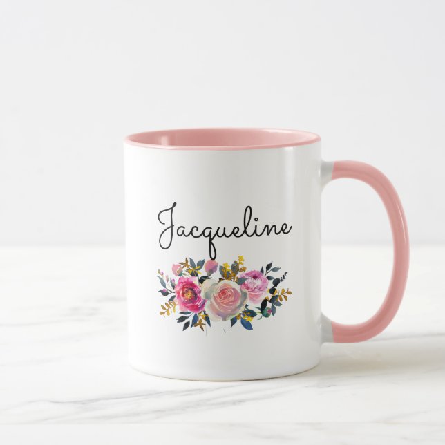 Mug Personnalisez le nom Bleu Peonies Floral Bouquet C (Droite)