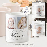 Mug PERSONNEL LOVE YOU NANA manuscrit 4 Photo<br><div class="desc">Créez une tasse photo de keepsaké pour une grand-mère avec 4 photos et intitulé LOVE YOU NANA dans un script manuscrit moderne en gris accentué avec des coeurs rose vif avec les noms de ses petits-enfants ou votre message personnalisé. Tous les textes et les couleurs sont modifiables pour changer Grand-mère...</div>