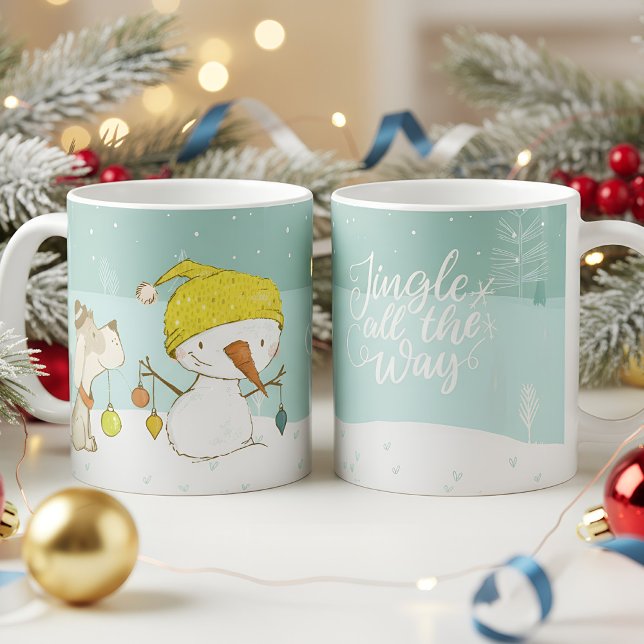 Mug Petit bonhomme de neige et chien dans la scène hiv (christmas mug little snowman and dog)
