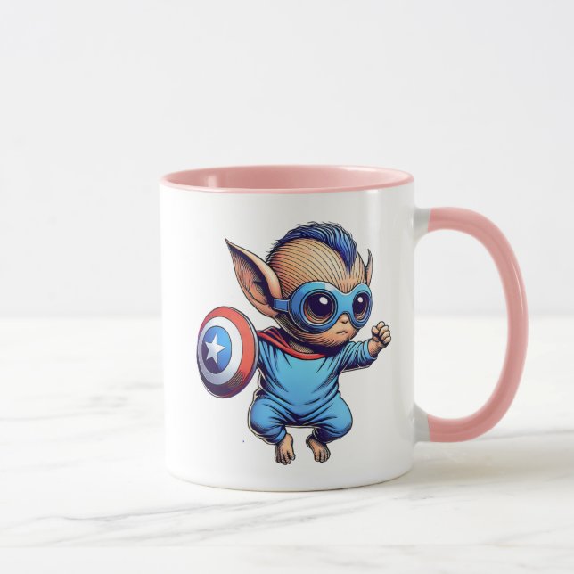 Mug Petit extraterrestre super-héros avec bouclier. (Droite)