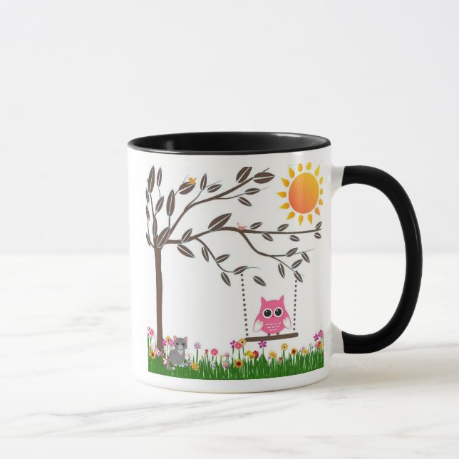 Mug Petit hibou rose balançant sur une branche d'arbre (Droite)