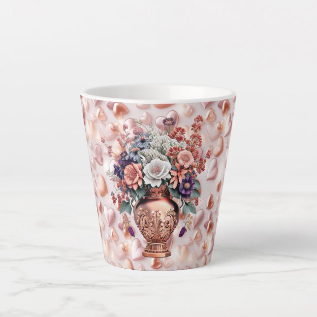 Mug Petit Latte Cœurs et Fleurs Or Rose (Devant)