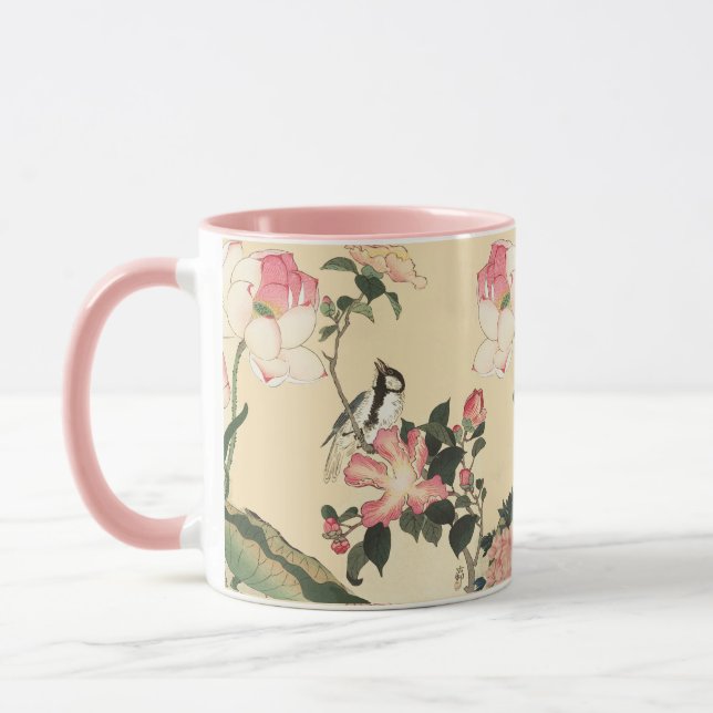 MUG PETIT OISEAU AVEC ROSES PINK ET FLEURS DE LOTUS (Gauche)